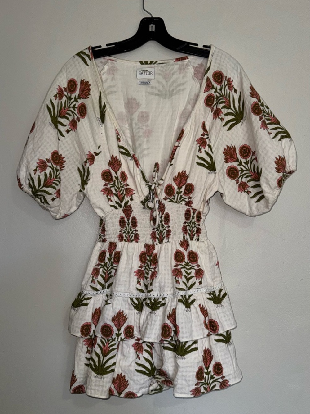 SAYLOR White Dress with Subtle Pink and Olive Floral Accents - Picture 5 of 16